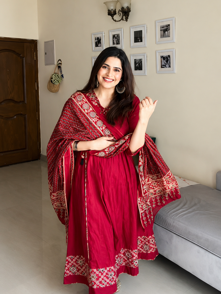 Maroon Angarkha Style Suit set with Printed Dupatta
