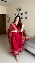 Maroon Angarkha Style Suit set with Printed Dupatta