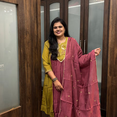 Mustard Yellow Embroidered Kurta Set with Wine Dupatta