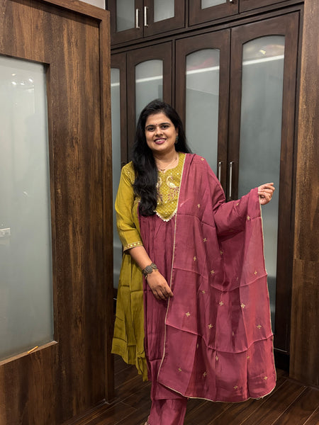 Mustard Yellow Embroidered Kurta Set with Wine Dupatta