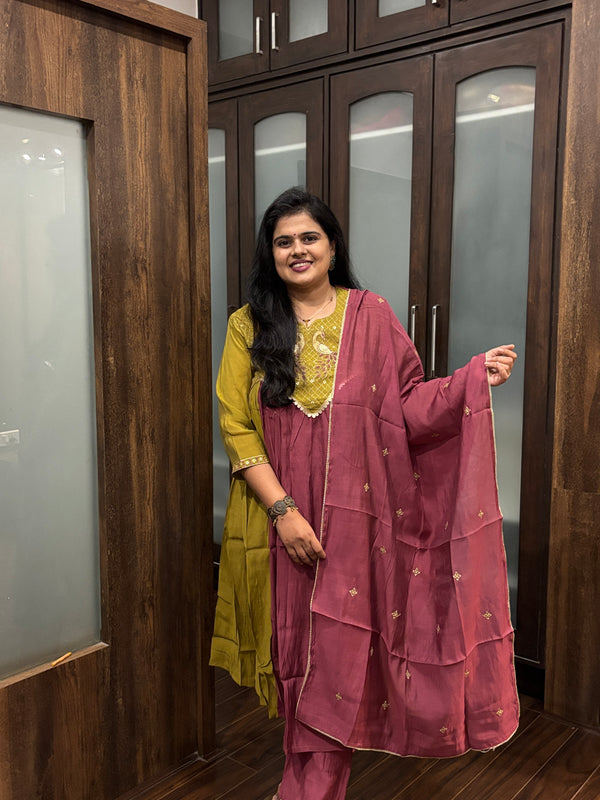 Mustard Yellow Embroidered Kurta Set with Wine Dupatta