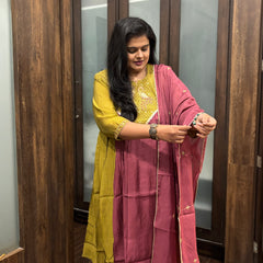 Mustard Yellow Embroidered Kurta Set with Wine Dupatta