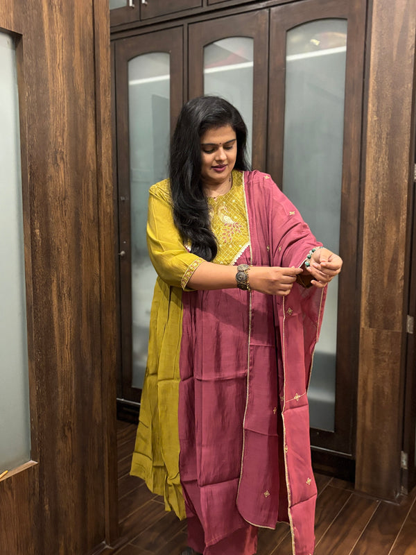 Mustard Yellow Embroidered Kurta Set with Wine Dupatta