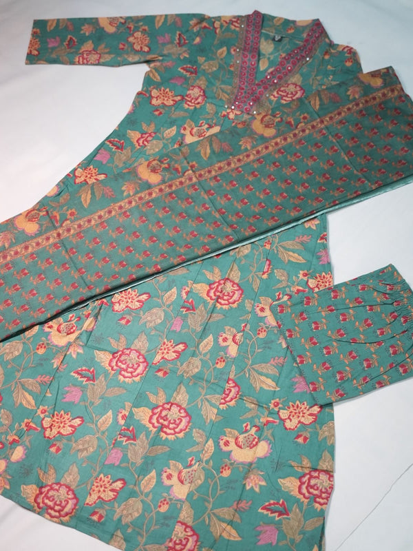 Rama Green Cotton Suit Piece with Phool Print