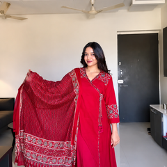 Maroon Angarkha Style Suit set with Printed Dupatta