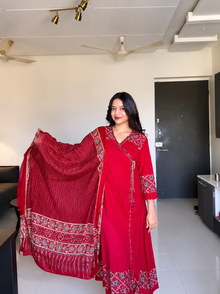 Maroon Angarkha Style Suit set with Printed Dupatta