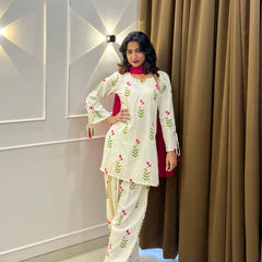 Ivory Floral Print Cotton Suit Set with Farshi Salwar & Tie up waist Detailing