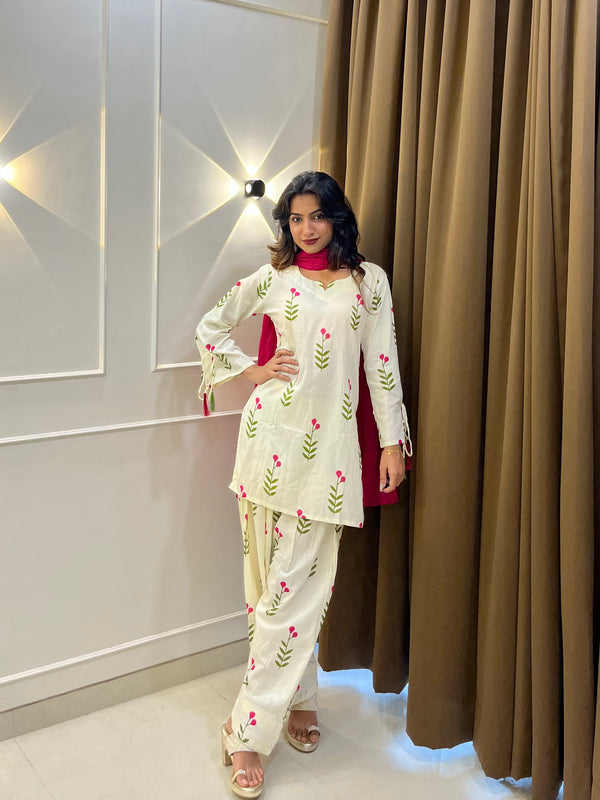 Ivory Floral Print Cotton Suit Set with Farshi Salwar & Tie up waist Detailing