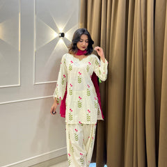 Ivory Floral Print Cotton Suit Set with Farshi Salwar & Tie up waist Detailing