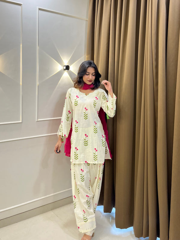 Ivory Floral Print Cotton Suit Set with Farshi Salwar & Tie up waist Detailing