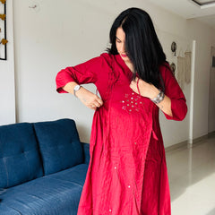 Gul-e-Noor Cotton Kurta Set | Wine with Printed Dupatta