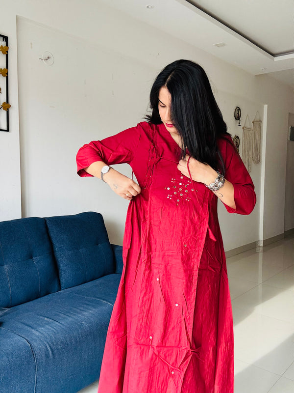 Gul-e-Noor Cotton Kurta Set | Wine with Printed Dupatta