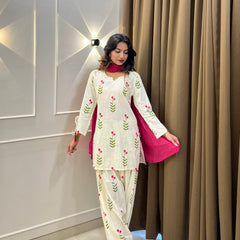 Ivory Floral Print Cotton Suit Set with Farshi Salwar & Tie up waist Detailing