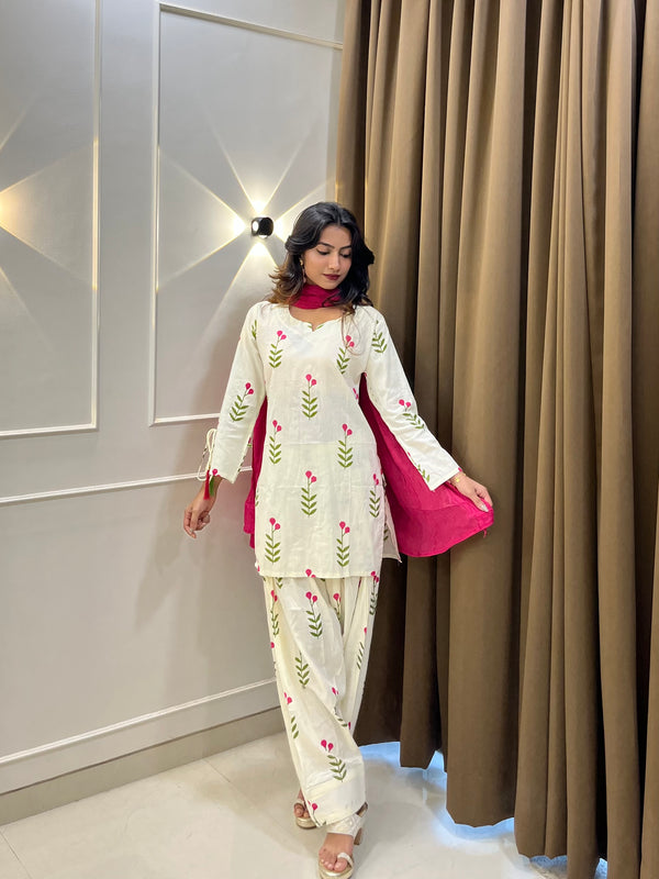 Ivory Floral Print Cotton Suit Set with Farshi Salwar & Tie up waist Detailing