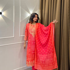 Coral Printed Embroidered Kurta Set with Dupatta