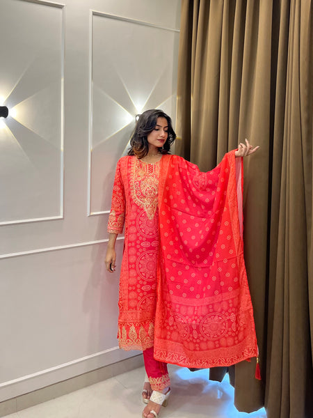 Coral Printed Embroidered Kurta Set with Dupatta