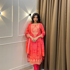 Coral Printed Embroidered Kurta Set with Dupatta