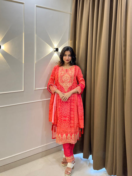 Coral Printed Embroidered Kurta Set with Dupatta