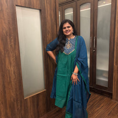 Emerald Green & Royal Blue Embroidered Kurta Pant Set with Dupatta