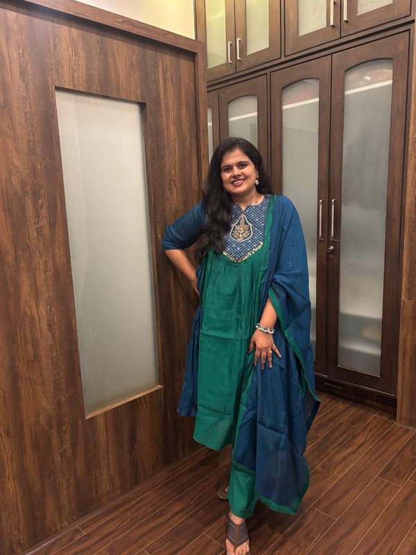 Emerald Green & Royal Blue Embroidered Kurta Pant Set with Dupatta