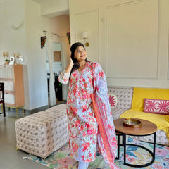 White Floral Printed Regular Wear Suit Set