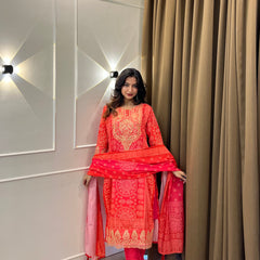 Coral Printed Embroidered Kurta Set with Dupatta