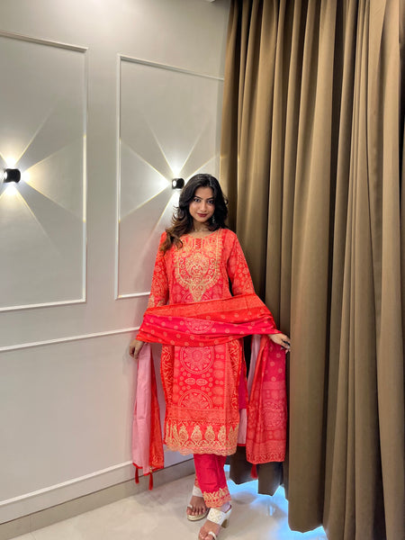 Coral Printed Embroidered Kurta Set with Dupatta