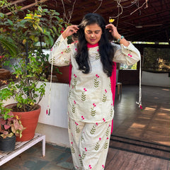 Ivory Floral Print Cotton Suit Set with Farshi Salwar & Tie up waist Detailing