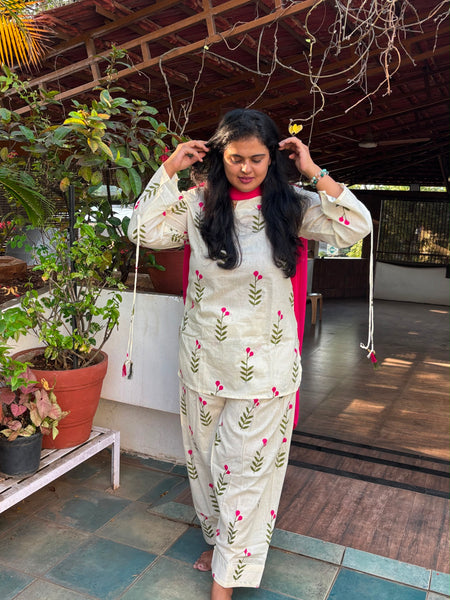 Ivory Floral Print Cotton Suit Set with Farshi Salwar & Tie up waist Detailing