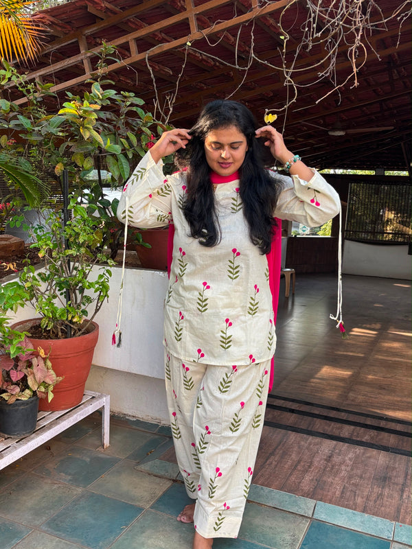 Ivory Floral Print Cotton Suit Set with Farshi Salwar & Tie up waist Detailing