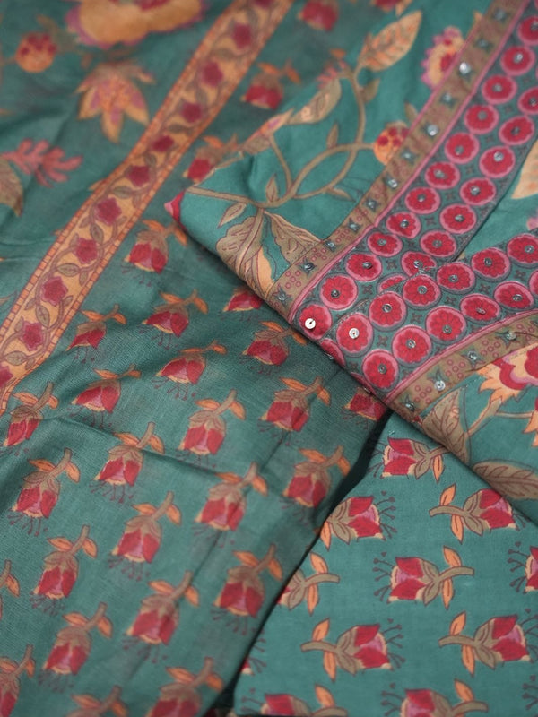 Rama Green Cotton Suit Piece with Phool Print