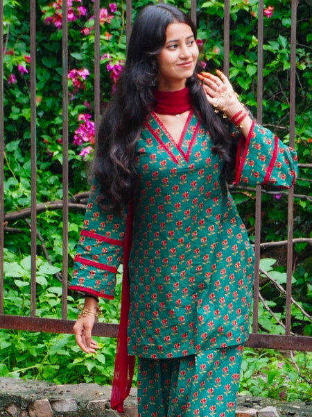 Gulnaar Teal Printed Farshi Salwar Set