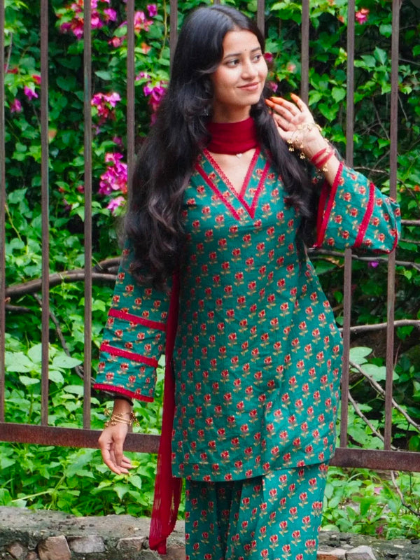 Gulnaar Teal Printed Farshi Salwar Set