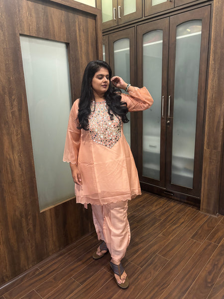 Peach Mirror Work Ethnic Kurta Set