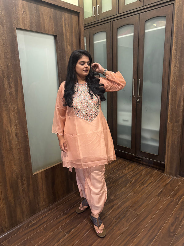 Peach Mirror Work Ethnic Kurta Set
