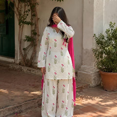 Ivory Floral Print Cotton Suit Set with Farshi Salwar & Tie up waist Detailing