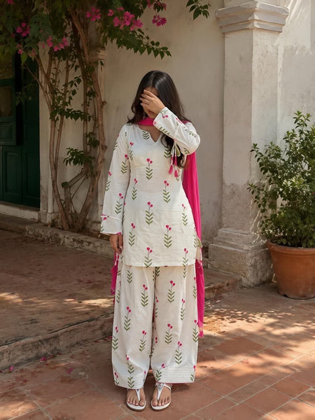 Ivory Floral Print Cotton Suit Set with Farshi Salwar & Tie up waist Detailing