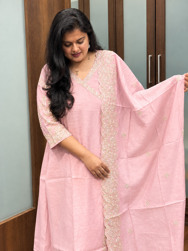 Blush Pink Embroidered Angarkha Style Suit Set