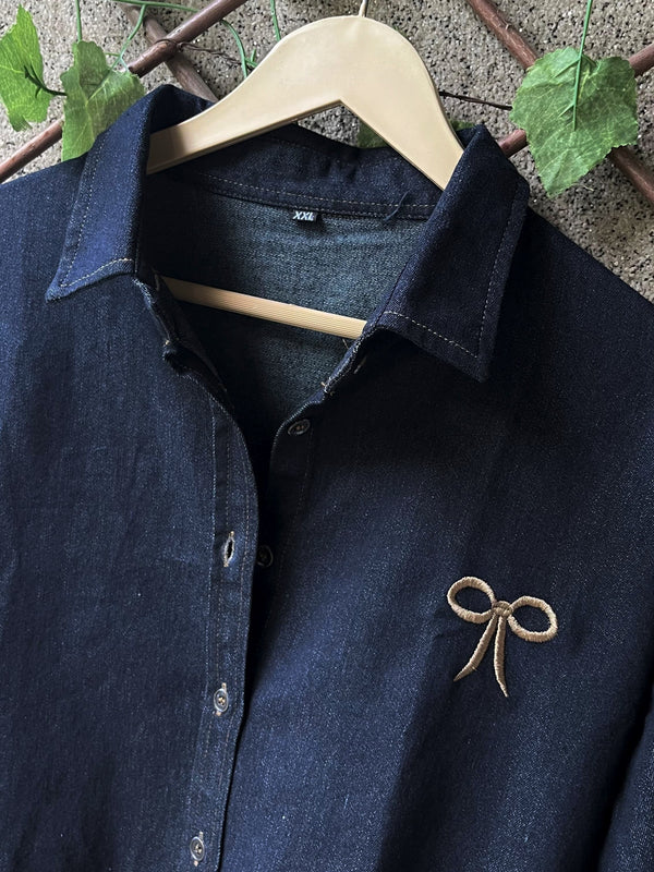 Bow Embroidered Denim Shirt | Free Size