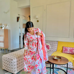White Floral Printed Regular Wear Suit Set