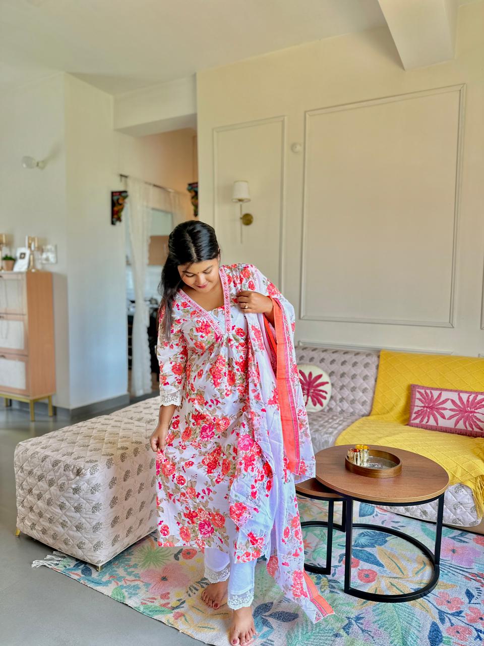 White Floral Printed Regular Wear Suit Set