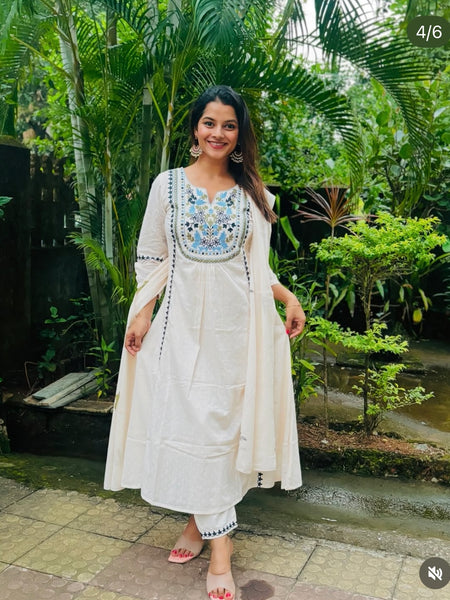 White Floral Embroidered Suit Set with Dupatta