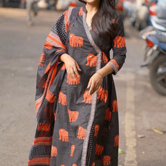 Aabha” Charcoal Cotton Suit Set | Traditional Elephant Print