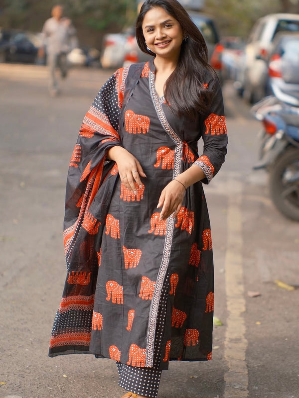 Aabha” Charcoal Cotton Suit Set | Traditional Elephant Print