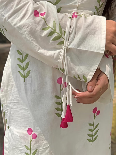 Ivory Floral Print Cotton Suit Set with Farshi Salwar & Tie up waist Detailing