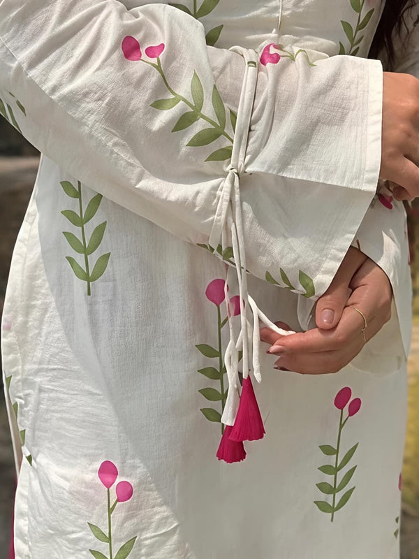Ivory Floral Print Cotton Suit Set with Farshi Salwar & Tie up waist Detailing