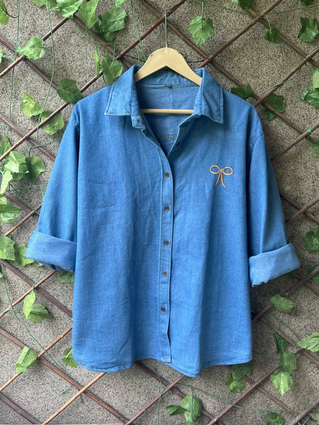 Bow Embroidered Denim Shirt | Free Size