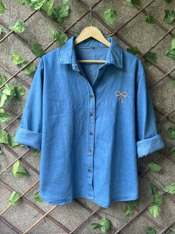 Bow Embroidered Denim Shirt | Free Size