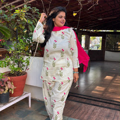 Ivory Floral Print Cotton Suit Set with Farshi Salwar & Tie up waist Detailing