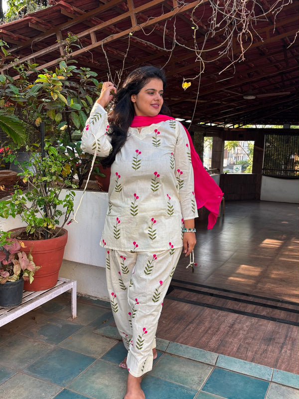 Ivory Floral Print Cotton Suit Set with Farshi Salwar & Tie up waist Detailing